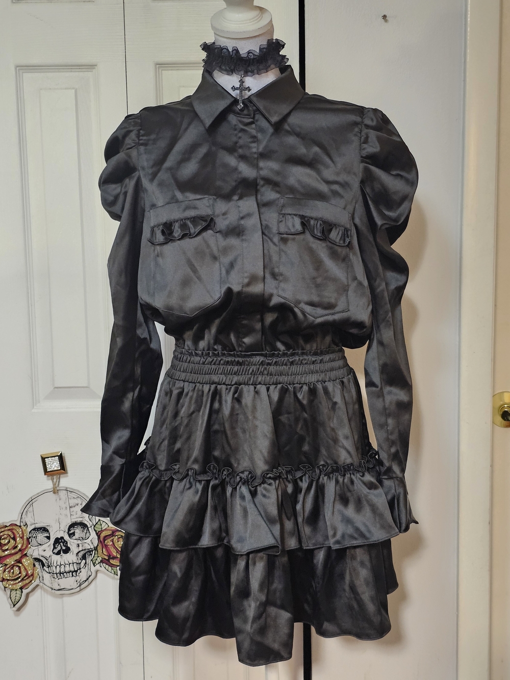 Dolls Kill Black Satin Tiered Ruffle Mini Skirt
